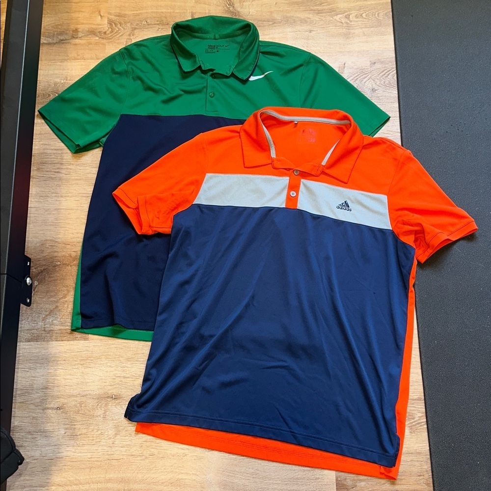 Nike Green and Blue Polo Shirt and Blue and Orange Adidas Polo